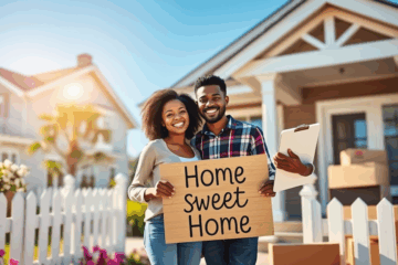 Image of a person holding keys in front of a newly purchased home
