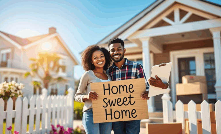 Image of a person holding keys in front of a newly purchased home