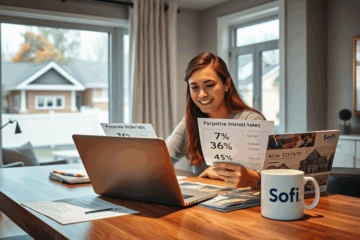 An illustration of a small house with a percentage symbol, representing competitive interest rates for real estate loans.