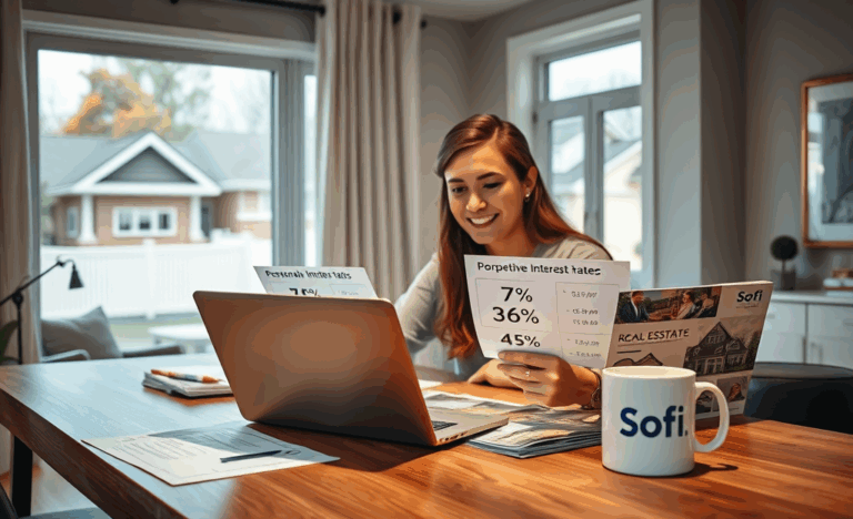 An illustration of a small house with a percentage symbol, representing competitive interest rates for real estate loans.