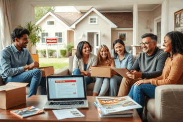 A happy family holding keys in front of their new home, symbolizing the achievement of home ownership through online loans.