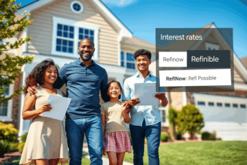 Illustration of a homeowner exploring refinancing options with low interest rates.