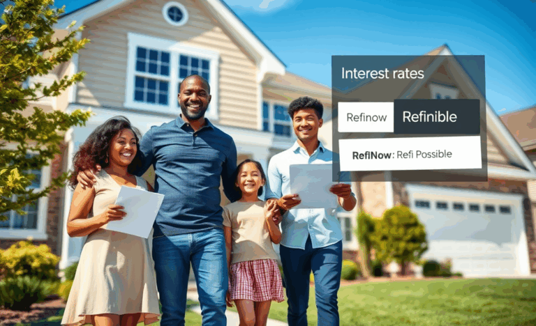 Illustration of a homeowner exploring refinancing options with low interest rates.