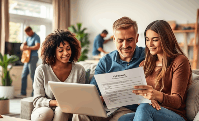 Image of a person happily receiving a personal loan approval notice with LightStream logo in the background
