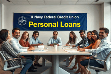 Image depicting a Navy Federal Credit Union service counter with a financial advisor assisting a customer, emphasizing personal loan services.
