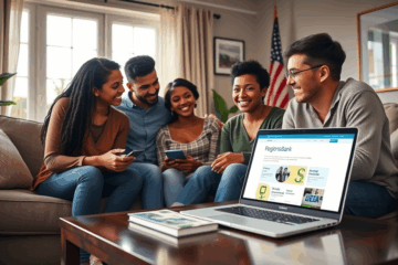 A person reading a loan agreement at a bank desk.